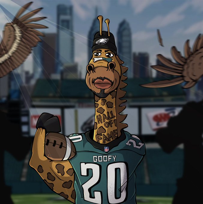 A cartoon illustration shows an anthropomorphic giraffe wearing an Eagles beanie and a green 'GOOFY 20' jersey, holding a football, with 'HALL OF FAME' written on its neck against a city skyline backdrop.