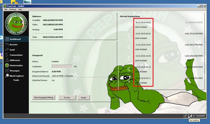 A PepeCoin Wallet interface showing a balance of approximately 3006.83 PEPE, with recent transactions highlighted in a red box featuring pool rewards.