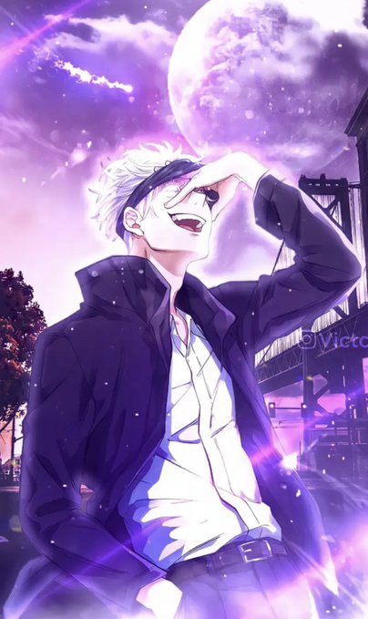 A manga-style illustration of a man with split white and black hair smiling and winking, with a purple moonlit city background.
