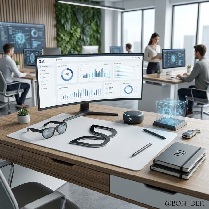 A modern office workspace featuring a curved monitor displaying a dashboard, a pair of glasses, and desk accessories on a wooden desk, with the watermark '@BON_DEFI'.