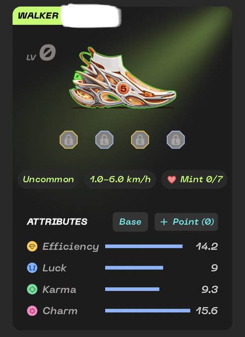 A digital game card showing a 'WALKER' sneaker NFT with the text 'Uncommon', '1.0-5.0 km/h', and 'Mint 0/7', displaying attributes like Efficiency (14.2), Luck (9), Karma (9.3), and Charm (15.6).