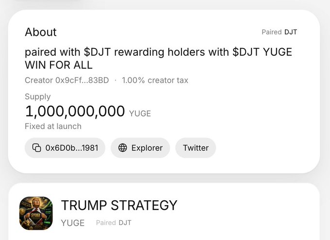A crypto token page shows a fake "$DJT" parody coin titled "TRUMP STRATEGY" (ticker YUGE), with 1,000,000,000 fixed supply, 1.00% creator tax, and the "About" section claiming it's "paired with $DJT rewarding holders with $DJT YUGE WIN FOR ALL"—an apparent spoof of the legitimate DJT token, illustrating the post's point about people easily cloning contract factories to create deceptive lookalike tokens onchain.