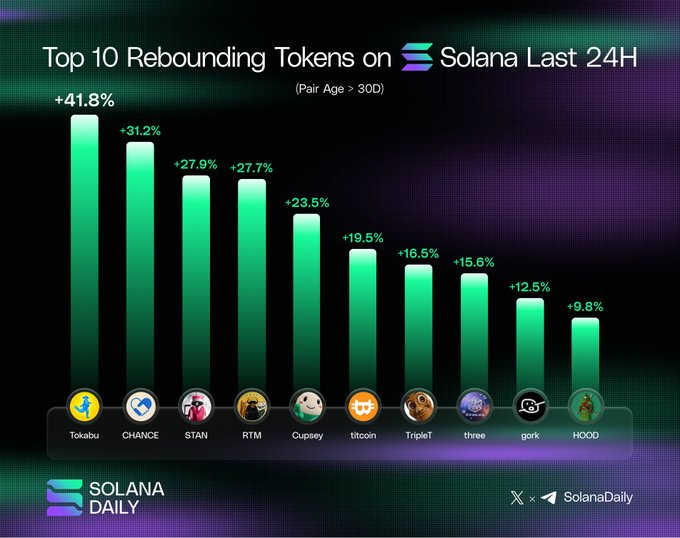 Bar chart from SolanaDaily showing 'Top 10 Rebounding Tokens on Solana Last 24H' (Pair Age > 30D), led by Tokabu (+41.8%), CHANCE (+31.2%), STAN (+27.9%), and RTM (+27.7%).