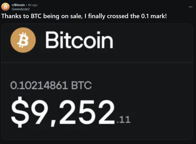 A Reddit post from r/Bitcoin by user Greendizzle2 stating 'Thanks to BTC being on sale, I finally crossed the 0.1 mark!' showing a balance of 0.10214861 BTC valued at $9,252.11.