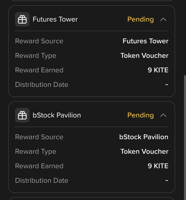 A dark-themed dashboard shows two pending reward cards: 'Futures Tower' and 'bStock Pavilion', each with a 'Token Voucher' reward type and '9 KITE' earned, with distribution dates not yet set.
