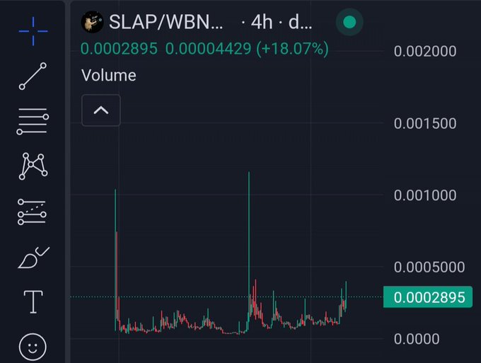 A cryptocurrency trading chart for the SLAP/WBNB pair on a 4-hour timeframe shows the token price at 0.0002895, up 18.07%, with volume spikes indicated on the right axis reaching toward 0.002000.