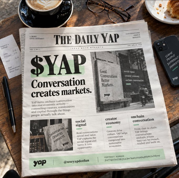 A styled photograph of a newspaper called 'THE DAILY YAP' with the headline '$YAP - Conversation creates markets,' promoting how YAP turns onchain conversation into economic activity, surrounded by coffee, glasses, and a phone.