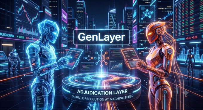 A futuristic neon-lit digital artwork titled 'GenLayer' featuring two robotic humanoid figures (one blue, one orange) holding tablets in a cyberpunk cityscape, with 'ADJUDICATION LAYER - DISPUTE RESOLUTION AT MACHINE SPEED' text below.