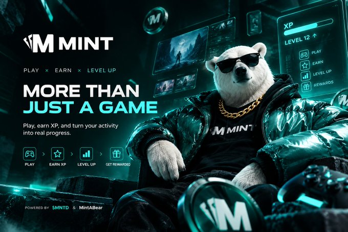 Promotional graphic for MINT with the bear mascot in a green jacket and sunglasses, showing the tagline 'MORE THAN JUST A GAME' alongside XP and level progression features, labeled 'POWERED BY $MNTD & MintABear'.