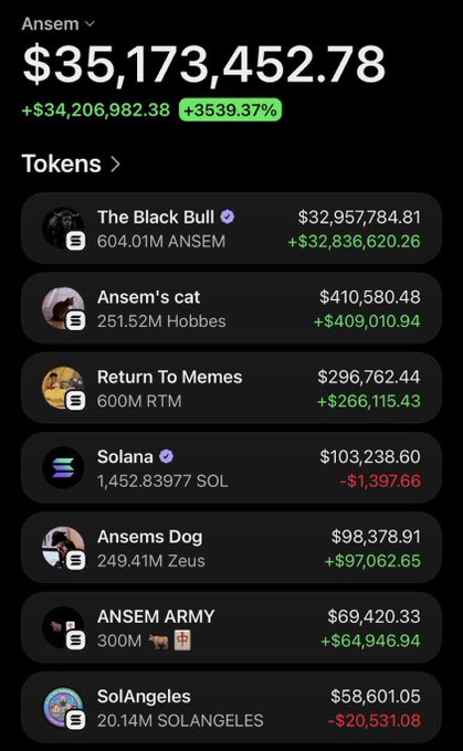 A wallet tracking screen shows "Ansem" holding $35,173,452.78 across tokens (+3539.37%), led by "The Black Bull" ($32.9M, +32.8M gain) and memecoins like Ansem's cat ($410K) and Return To Memes ($296K), illustrating the post's claim of a massive 550x gain but with thin liquidity (~1%) vulnerable to bundling manipulation.