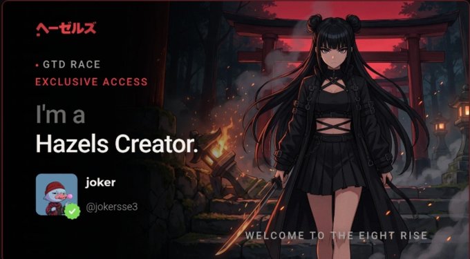 A similar 'Hazels Creator' promotional banner featuring 'joker' (@jokersse3), with the same anime warrior and torii gate background under 'GTD RACE EXCLUSIVE ACCESS' branding.