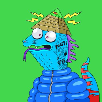 A colorful cartoon illustration features a blue dragon-like creature wearing a blue puffer jacket, with a brick pyramid hat topped by an eye, set against a bright green background.