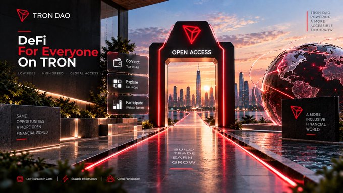 A futuristic promotional banner for TRON DAO with the headline 'DeFi For Everyone On TRON' featuring an 'OPEN ACCESS' glowing archway, a glowing red globe, and city skyline at sunset, with icons for 'Connect Your Wallet', 'Explore DeFi Apps', and 'Participate Without Barriers'.