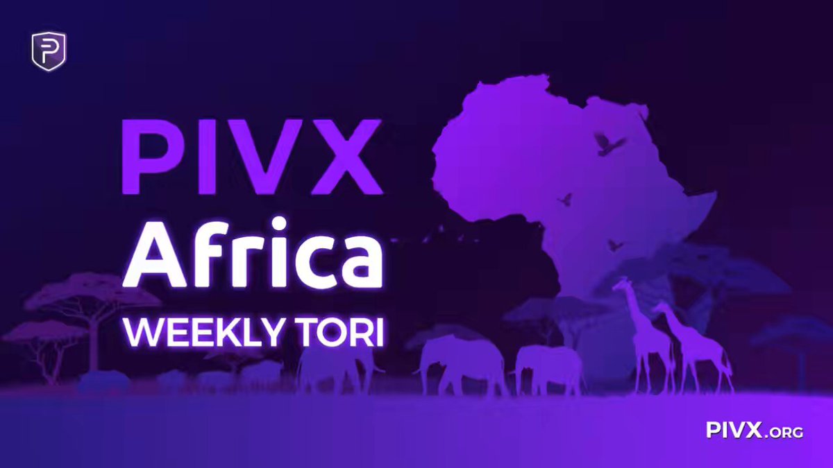 The image features a poster with an illustration of African wildlife, including giraffes and elephants, set against a purple background. The text "PIVX Africa WeeklyTori" is written above the illustration, indicating that this is a promotional piece for PIVX's Africa WeeklyTori series. The poster also includes a link to the PIVX website, which can be accessed by typing in the provided URL into the browser window.