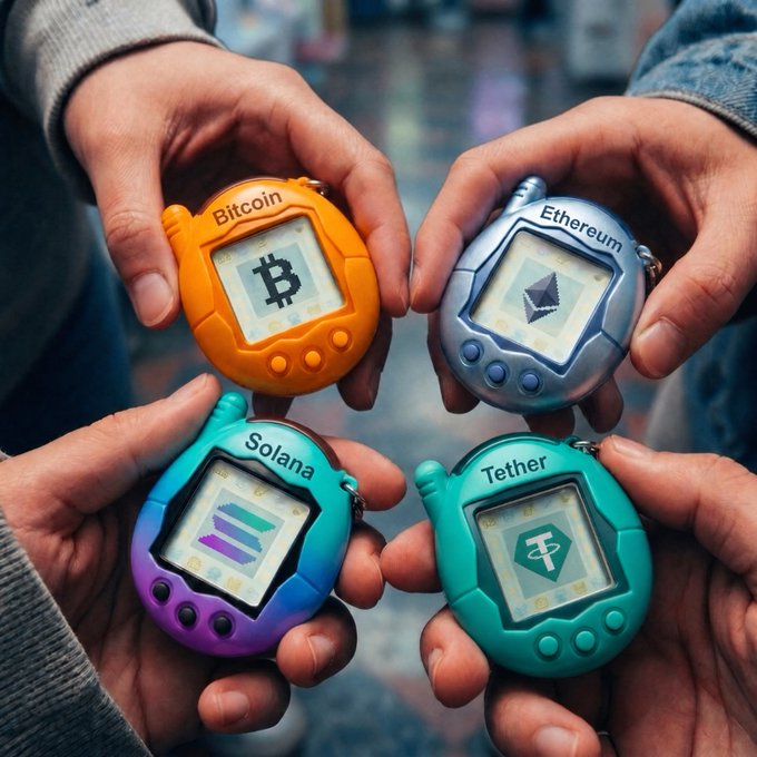 Four hands cradle colorful Tamagotchi-style digital pets, each labeled with a crypto ticker—Bitcoin (orange, "B" logo), Ethereum (silver, diamond logo), Solana (purple/blue gradient, "S" logo), and Tether (teal, "T" logo)—cleverly tying into the "Cryptogotchi" pun by merging nostalgic virtual pets with cryptocurrency branding.