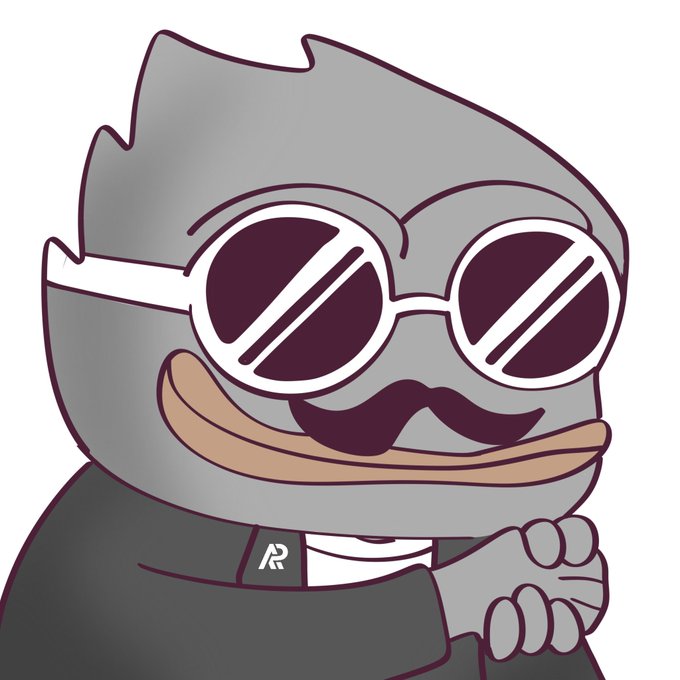 A cartoon grey rock character wearing white-rimmed sunglasses and a mustache, with clasped hands in a "scheming" pose, appears over a post announcing winners of MEXC campaigns on hub.apcollective.io. The "R" logo on its suit and smug expression playfully nod to crypto "rugpull" culture, fitting the celebratory yet tongue-in-cheek tone of congratulating campaign winners.