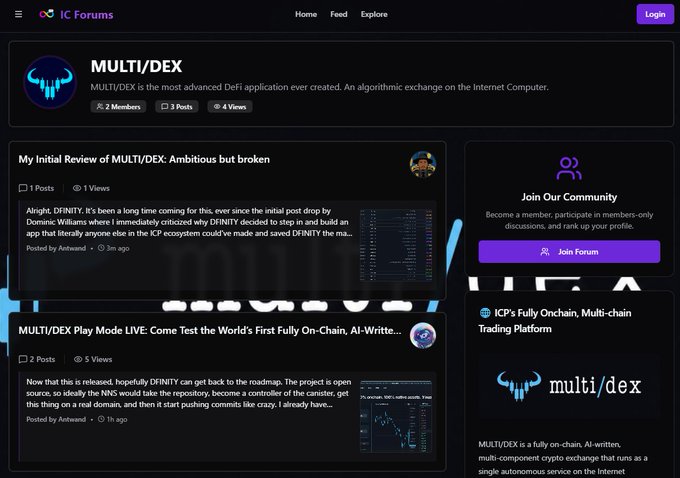 The image shows the MULTI/DEX forum page on IC Forums, displaying posts including "My Initial Review of MULTI/DEX: Ambitious but broken" and "MULTI/DEX Play Mode LIVE: Come Test the World's First Fully On-Chain, AI-Writte..." along with a community sidebar promoting MULTI/DEX as an "AI-Written, multi-component crypto exchange" on the Internet Computer, with 2 members and 3 posts visible.