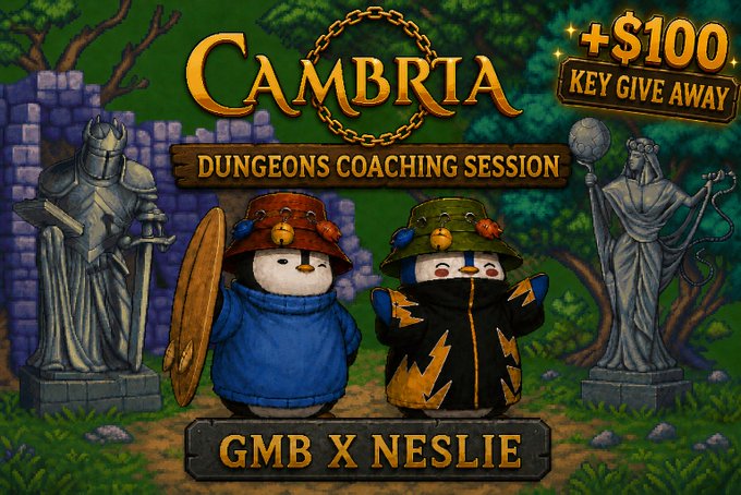 The image features two cartoon penguins wearing hats, standing next to a castle with a sword and shield. A sign above them reads "Cambria Coaching Session" and another sign below them says "Key Give Away". The text on these signs suggests that the penguins are participating in a gaming session or event related to the game "Cambria", possibly as part of a coaching session for gamers.