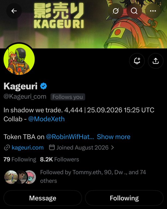A screenshot of the Twitter/X profile for **Kageuri** (@Kageuri_com), featuring an anime-style ninja avatar, 8.2K followers, and a collaboration with **@ModeXeth** on a token launch. The profile connects to the post by highlighting Kageuri's ongoing GTD whitelist raffle opportunity.