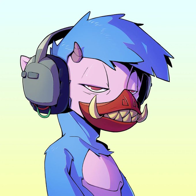 An illustration of a blue-haired, purple-skinned demon-like character with horns, a menacing grin with tusks, and a red lower face, wearing large headphones against a pastel gradient background.