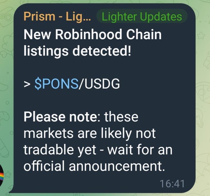 A Telegram bot notification from 'Prism - Lighter Updates' announcing new Robinhood Chain listings for $PONS/USDG.