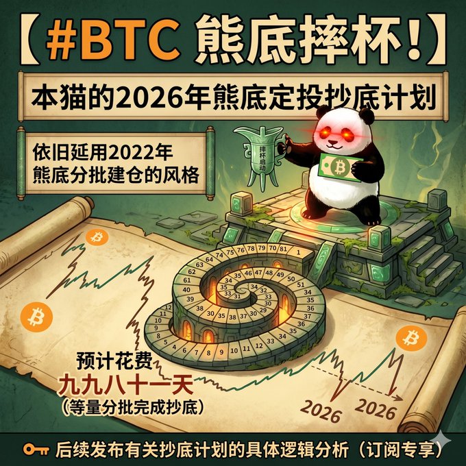 A cartoon panda wearing Bitcoin-themed sunglasses stands atop a stone altar holding a "林恩计划" (Lynn Plan) trophy, surrounded by a numbered spiral layout mapping out a 99-day Bitcoin bottom-fishing dollar-cost averaging strategy. Key text includes "#BTC 熊底摔杯!", "本猫的2026年熊底定投抄底计划", and "预计花费 九九八十一天 (等量分批完成抄底)" with the year 2026 noted on the timeline. The image serves as a promotional graphic for the accompanying post announcing "Day 64/81" of the BTC bear-market DCA plan, with 17 days remaining.