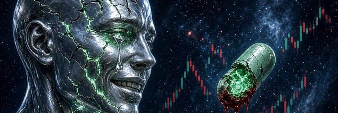 A digital artwork showing a cracked metallic humanoid head with glowing green energy seeping from the cracks, crying a green tear, next to a severed pill-shaped capsule also glowing green and bleeding, set against a starry space background.