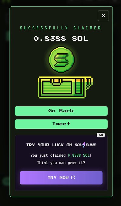 A success screen showing '0.8388 SOL' cryptocurrency claimed, featuring a pixel art design with a green coin and treasure chest, and a 'Try your luck on SolPump' advertisement.