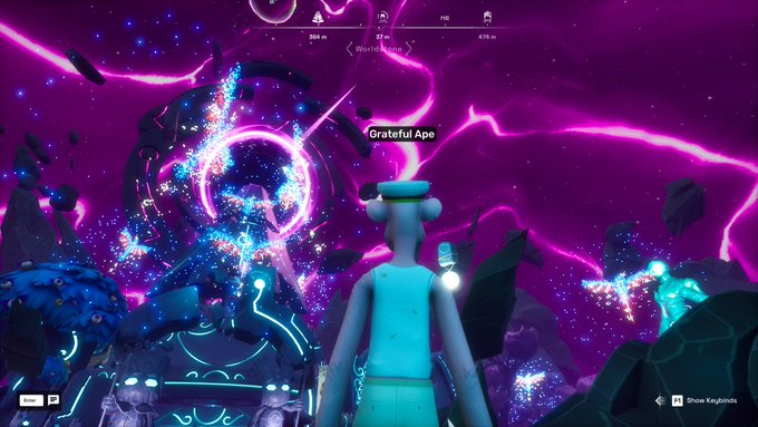 A first-person view from a video game showing a cosmic purple landscape with a 'Grateful Ape' entity floating in the distance.