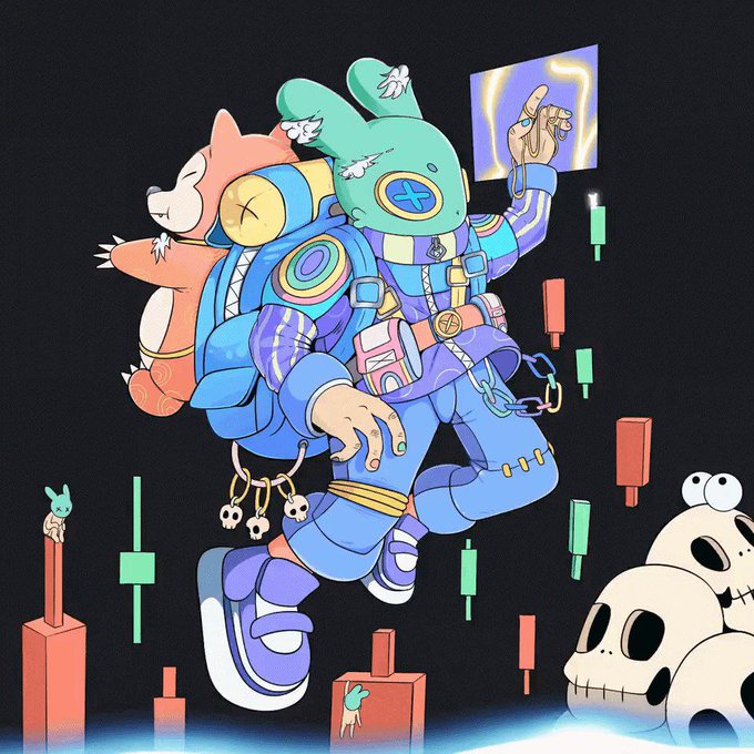 A colorful digital illustration of an astronaut-style character carrying plush toys and surrounded by green and red candlestick chart elements, with skull characters in the corner.