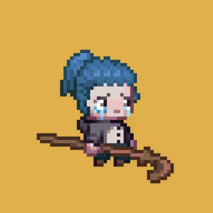 A pixel art character with blue hair and a sad, teary expression, wearing dark clothing and riding a brown broomstick against a solid orange background, resembling a melancholic Halloween witch.