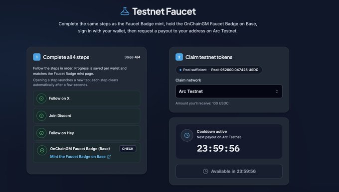 The image shows a screenshot of a webpage that displays information about the Testnet Faucet, including its reward structure and claim process. The text on the page indicates that the rewards are now 5x more than before, which means that users can expect to receive 100 USDC for their claims instead of 20 USDC previously. This update is available at the bottom right corner of the image.