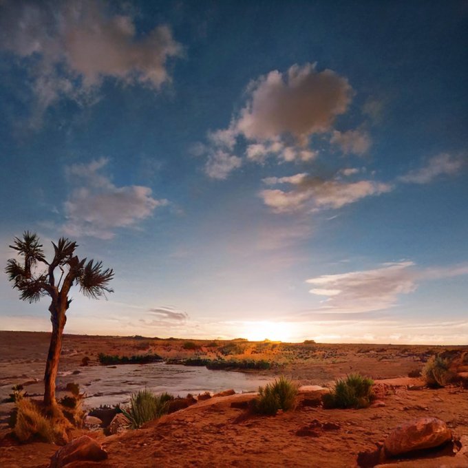 The image shows a desert landscape with a small tree, a body of water, and a cloudy sky. There are also some rocks visible in the scene. The main focus of the image is the sunset over the desert, creating an atmospheric and serene setting.