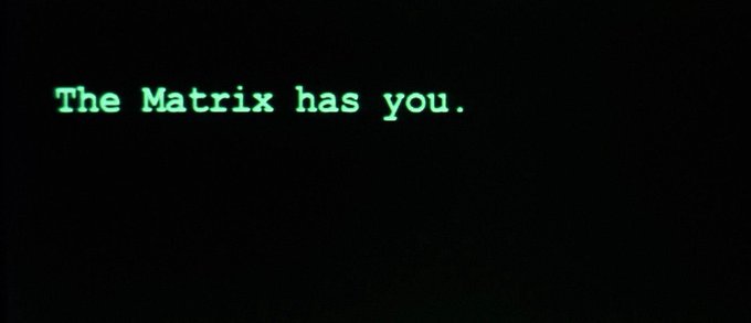 A black screen displaying the iconic green monospace text from the movie The Matrix: 'The Matrix has you.'