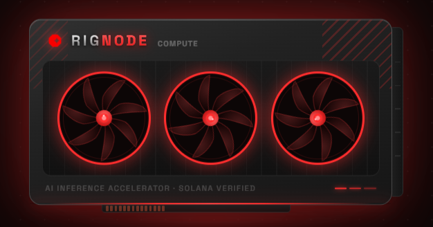 A stylized product render of a 'RIGNODE COMPUTE' AI inference accelerator labeled 'SOLANA VERIFIED,' featuring three red glowing cooling fans.