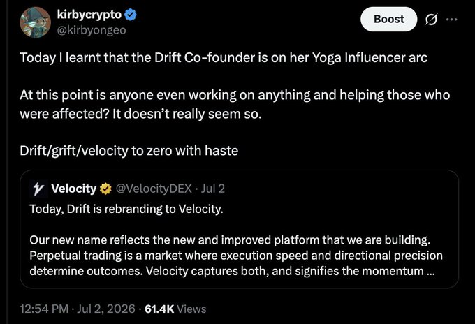 A tweet from @kirbyongeo (kirbycrypto) criticizing the Drift rebrand to Velocity, quoting a Velocity DEX announcement: 'Today, Drift is rebranding to Velocity. Our new name reflects the new and improved platform that we are building. Perpetual trading is a market where execution speed and directional precision determine outcomes.'