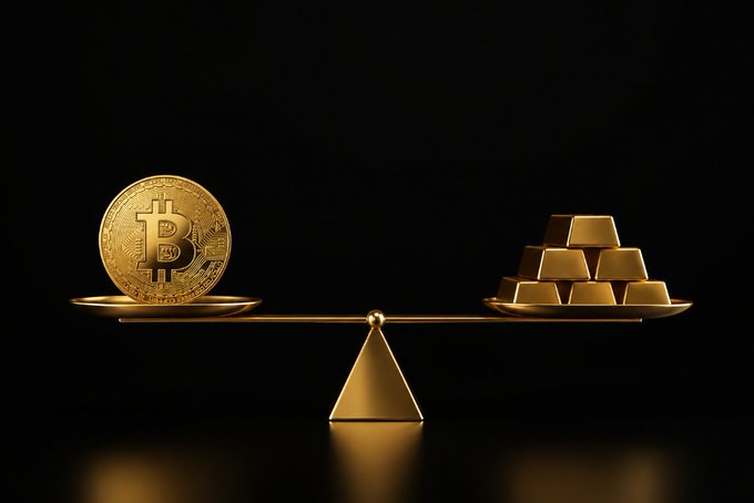 A golden scale balances a Bitcoin coin against gold bars on a black background, symbolizing a comparison between cryptocurrency and traditional precious metals.