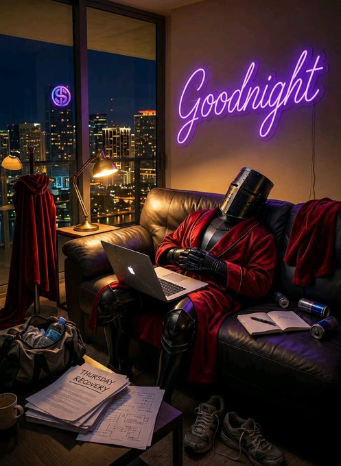 A digital illustration of a knight in black armor wearing a red robe, sitting on a leather couch using a laptop, with a purple neon 'Goodnight' sign on the wall and a city skyline visible through the window.