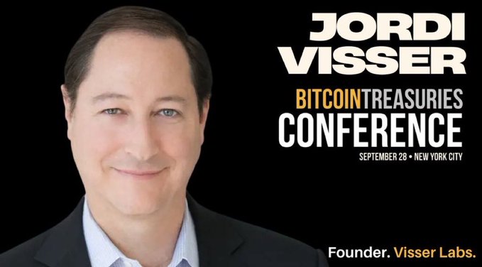 Promotional graphic for Jordi Visser, Founder of Visser Labs, as a speaker at the Bitcoin Treasuries Conference on September 28 in New York City.