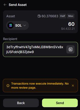 A mobile cryptocurrency wallet screen showing a "Send Asset" transaction of 60 SOL (valued at $4,422.21) being sent to the recipient address "3dTryffrwW47gTxMkLE8W8mSVxBxjUSFobVjB3Zjdw9." The image confirms the post's claim of a substantial 60 SOL transfer, visually backing up the sender's regretful reaction about sending that amount of money.