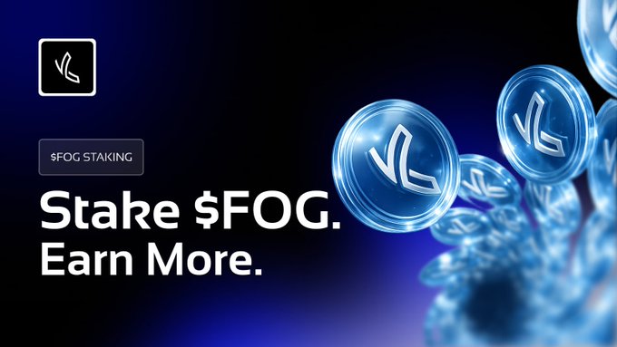 A promotional graphic for '$FOG STAKING' with the text 'Stake $FOG. Earn More.' alongside floating blue coins bearing the project's logo.