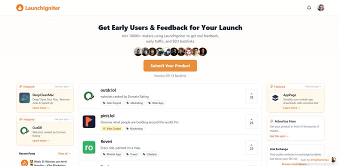The Launchnighter website homepage displaying 'Get Early Users & Feedback for Your Launch' with featured products including DeepCleanMac, outdr.lol, pint.lol, and others.