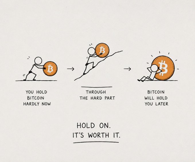 A cartoon illustration of a man holding an orange Bitcoin coin, with the text "HOLD ON. IT'S Worth It."