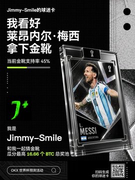 The image shows a World Cup prediction card from "Jimmy-Smile" betting on Messi to win the Golden Boot with a 45% probability of becoming top scorer, displayed alongside an OKX World Cup promotional graphic featuring a 7x payout offer. The card relates to the post's argument that Argentina has an easier path to the final than France, making Messi's chances of winning the Golden Boot particularly favorable.