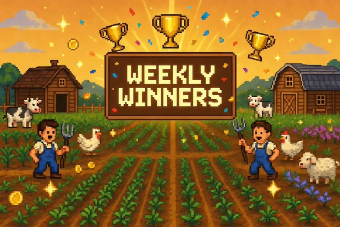 A pixel-art style banner titled 'WEEKLY WINNERS' featuring two farmers with pitchforks in a field surrounded by barns, cows, chickens, and a sheep.