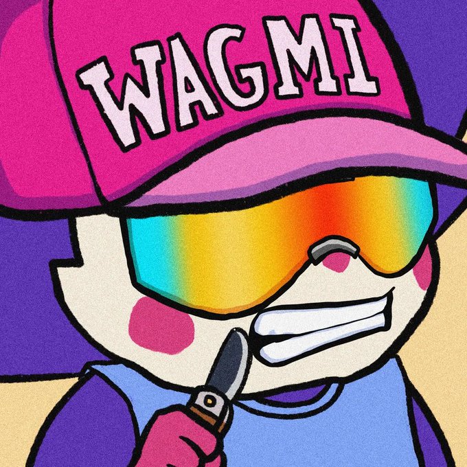 A colorful illustration of a character wearing a pink cap with 'WAGMI' written on it and rainbow-colored reflective goggles, holding a small object.