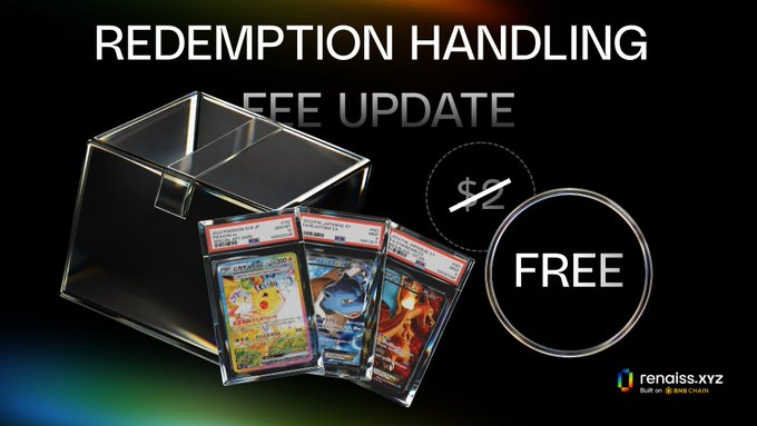 A promotional banner for a Pokemon card grading service called 'renais.xyz' featuring the text 'REDEMPTION HANDLING FREE UPDATE' alongside images of graded Pokemon cards in slabs and a 'FREE' badge.