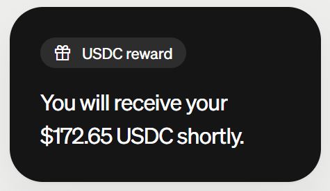 A notification displays a "USDC reward" message confirming "You will receive your $172.65 USDC shortly." The image supports the post's claim of a free USDC payout, visually illustrating the reward amount mentioned in the guide to earn crypto through MoonPay.