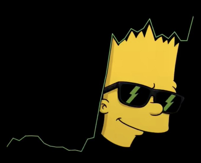 An illustration of Bart Simpson's head peeking over a green line graph that trends upward, wearing black sunglasses with green lightning bolt reflections against a black background.