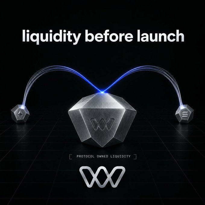 A futuristic 3D graphic features a central metallic octahedron labeled 'PROTOCOL OWNED LIQUIDITY' connected by blue energy streams to two smaller cubes, with the text 'liquidity before launch' at the top.